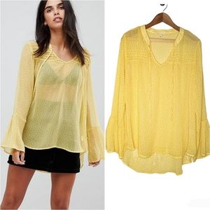 NEW Yellow Blouse Bell Sleeve L, gold saffron gold polka dots ASOS